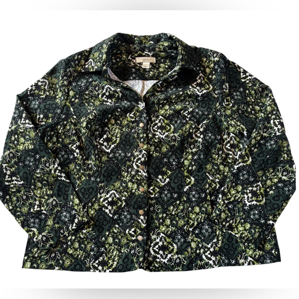 Boho Green Black Printed Button Front Top | Long Sleeve Indie Lightweight Jacket